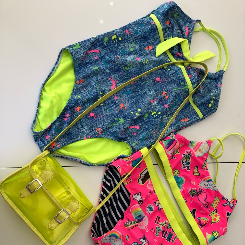 Girls Justice swimsuit lot + beach purse size 14